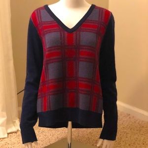 V-neck plaid red & blue sweater